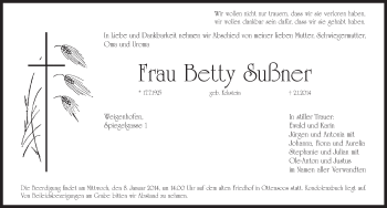 Traueranzeige von Betty Sußner von Pegnitz-Zeitung